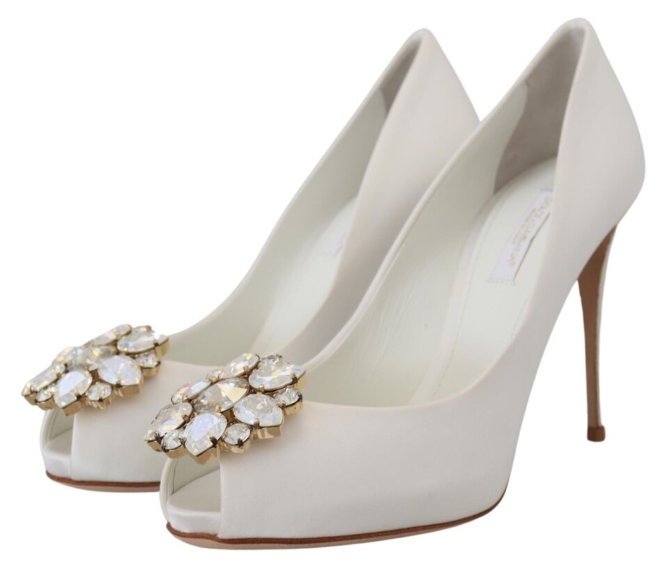 Dolce & Gabbana White Crystals Peep Toe Heel Satin Pumps Dolce & Gabbana