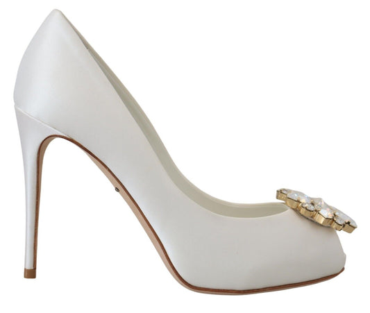 Dolce & Gabbana White Crystals Peep Toe Heel Satin Pumps Dolce & Gabbana