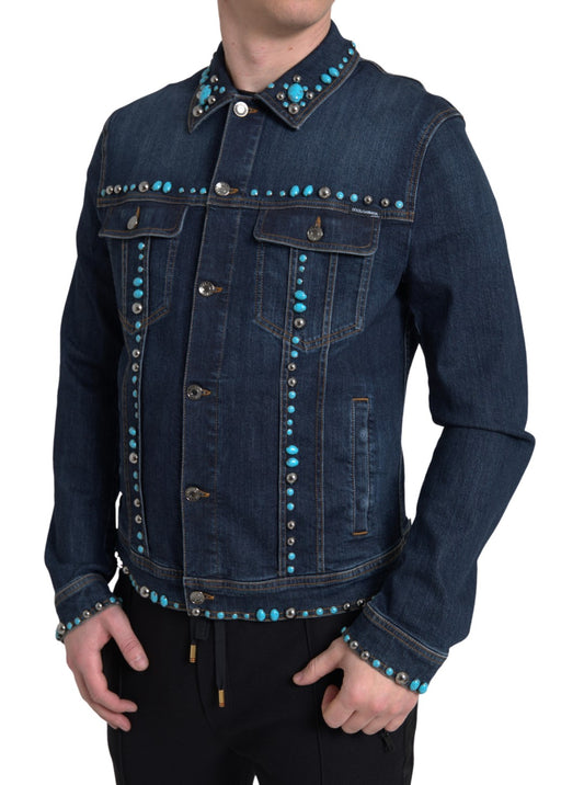 Dolce & Gabbana Blue Denim Turquoise Stones Studded Jacket Dolce & Gabbana
