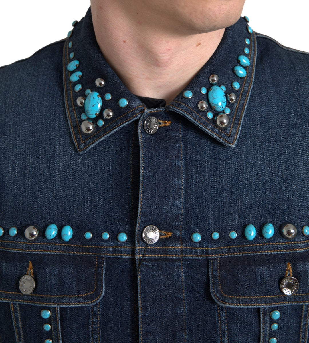 Dolce & Gabbana Blue Denim Turquoise Stones Studded Jacket Dolce & Gabbana