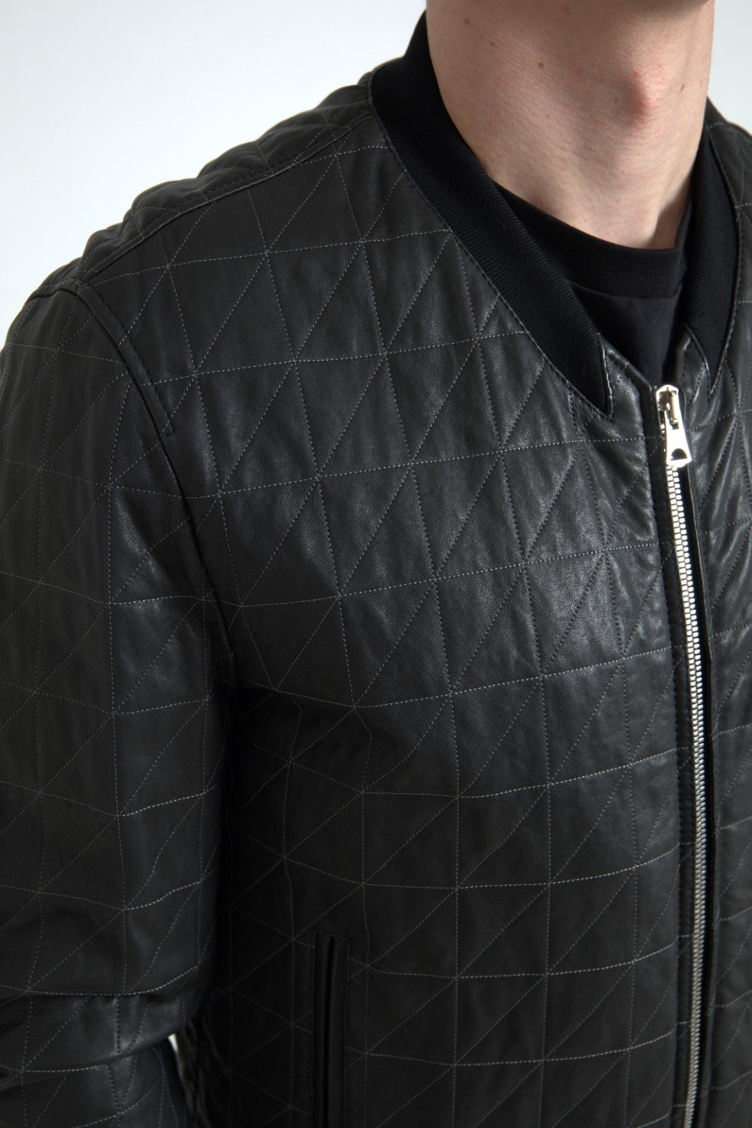 Dolce & Gabbana Black Leather Full Zip Bomber Coat Jacket Dolce & Gabbana