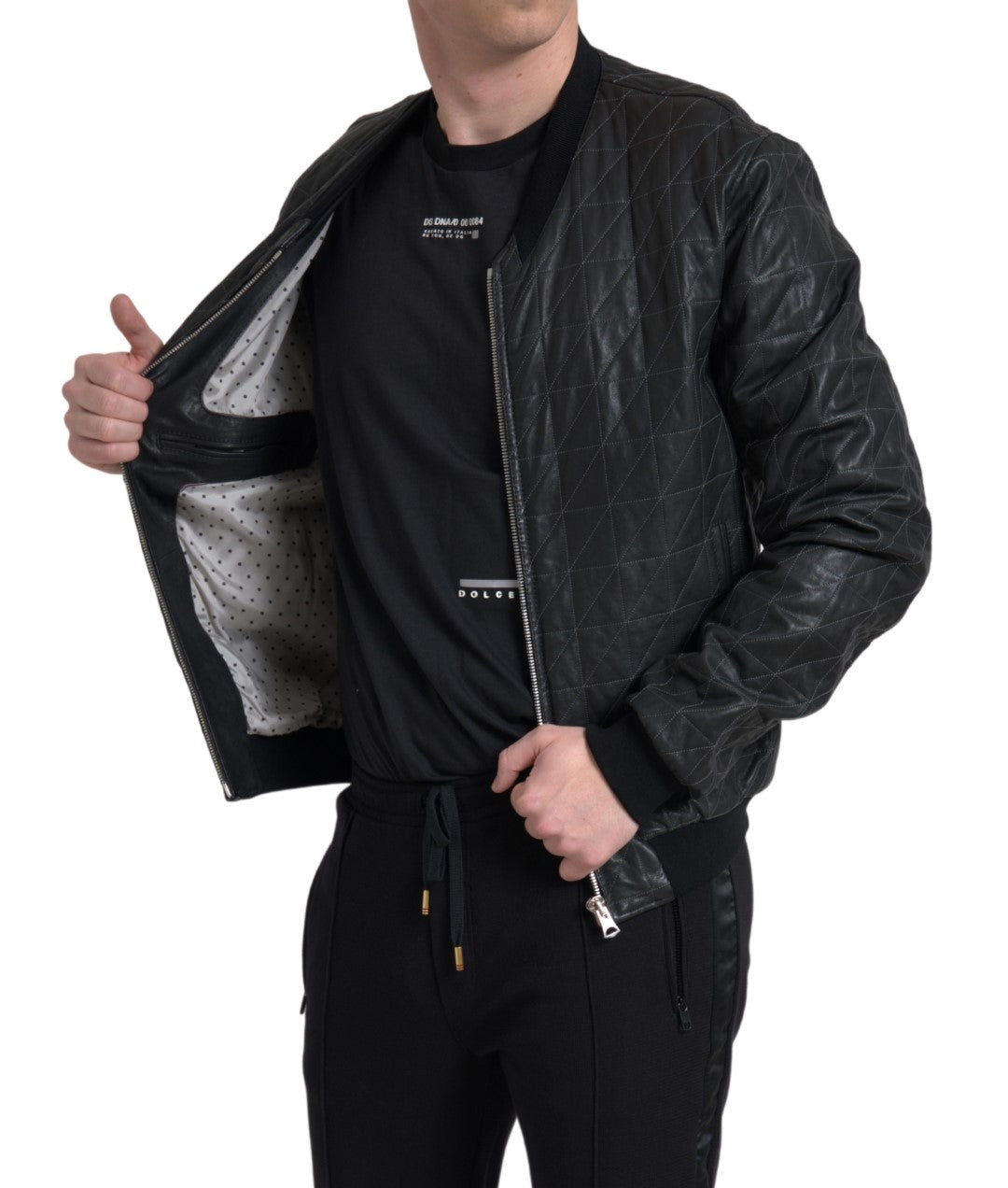Dolce & Gabbana Black Leather Full Zip Bomber Coat Jacket Dolce & Gabbana