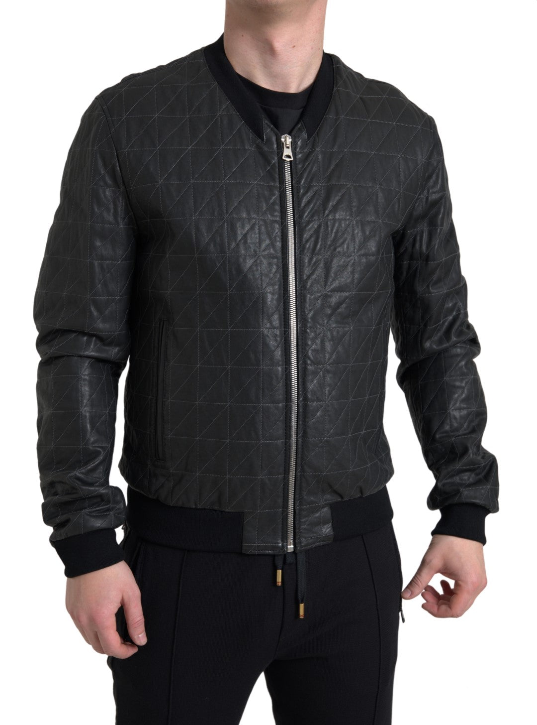 Dolce & Gabbana Black Leather Full Zip Bomber Coat Jacket Dolce & Gabbana