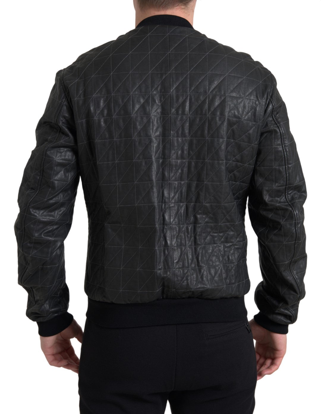 Dolce & Gabbana Black Leather Full Zip Bomber Coat Jacket Dolce & Gabbana