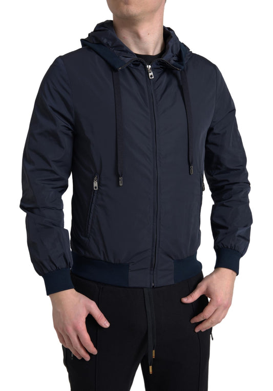 Dolce & Gabbana Blue Hooded Logo Polyester Full Zip Sweater Dolce & Gabbana
