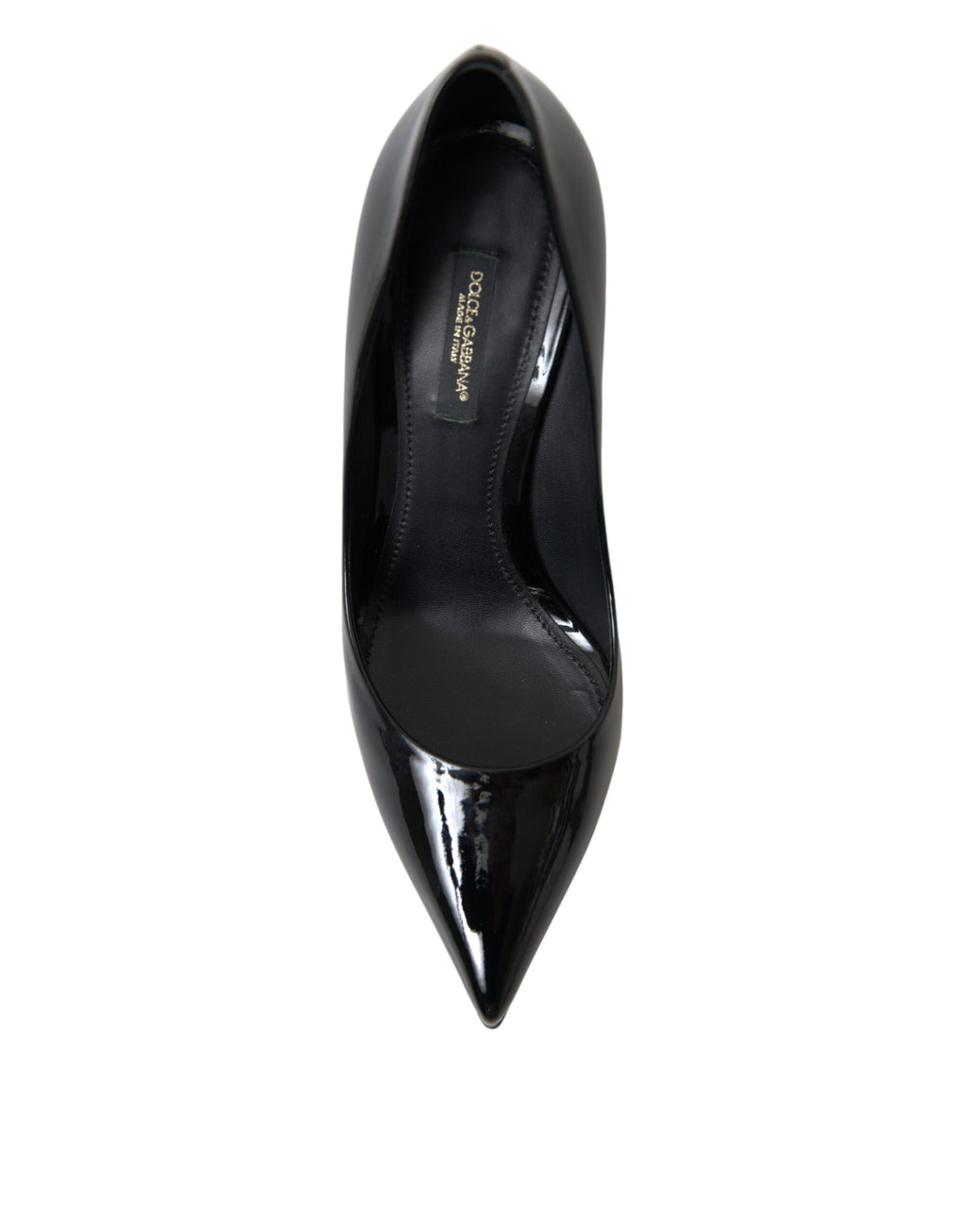 Dolce & Gabbana black patent leather pumps with pointed toes and stiletto heels, stylish women's footwear.