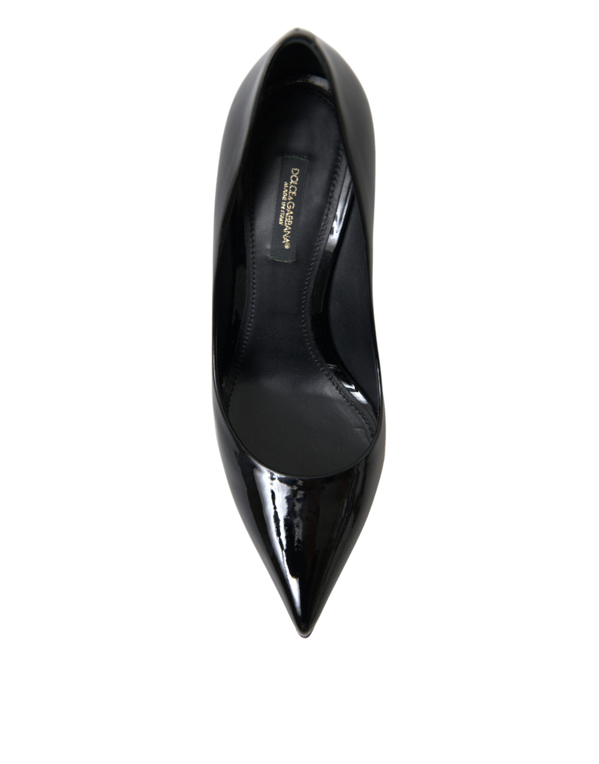 Dolce & Gabbana black patent leather pumps with pointed toes and stiletto heels, stylish women's footwear.