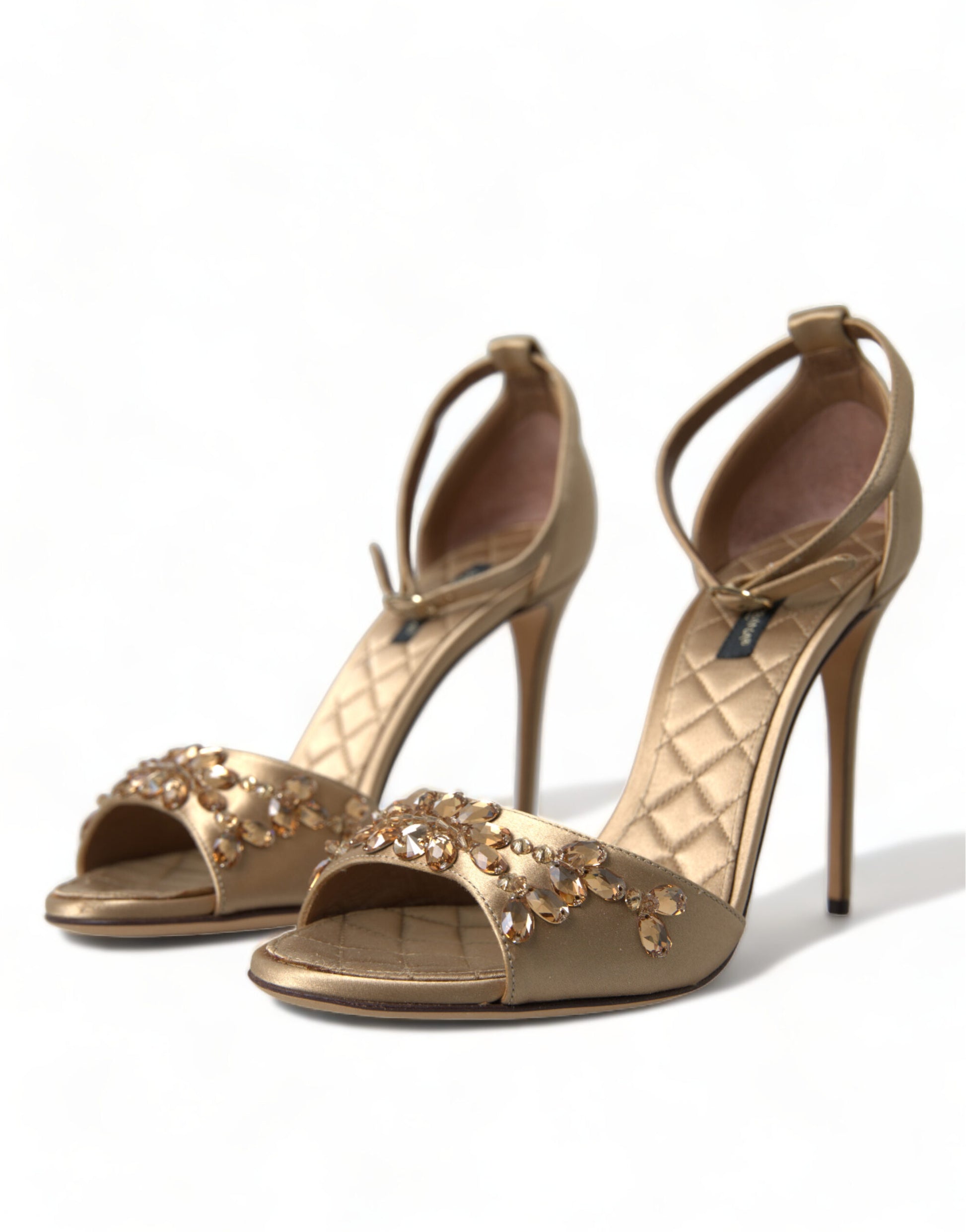 Dolce & Gabbana Gold Satin Ankle Strap Crystal Sandals Shoes Dolce & Gabbana