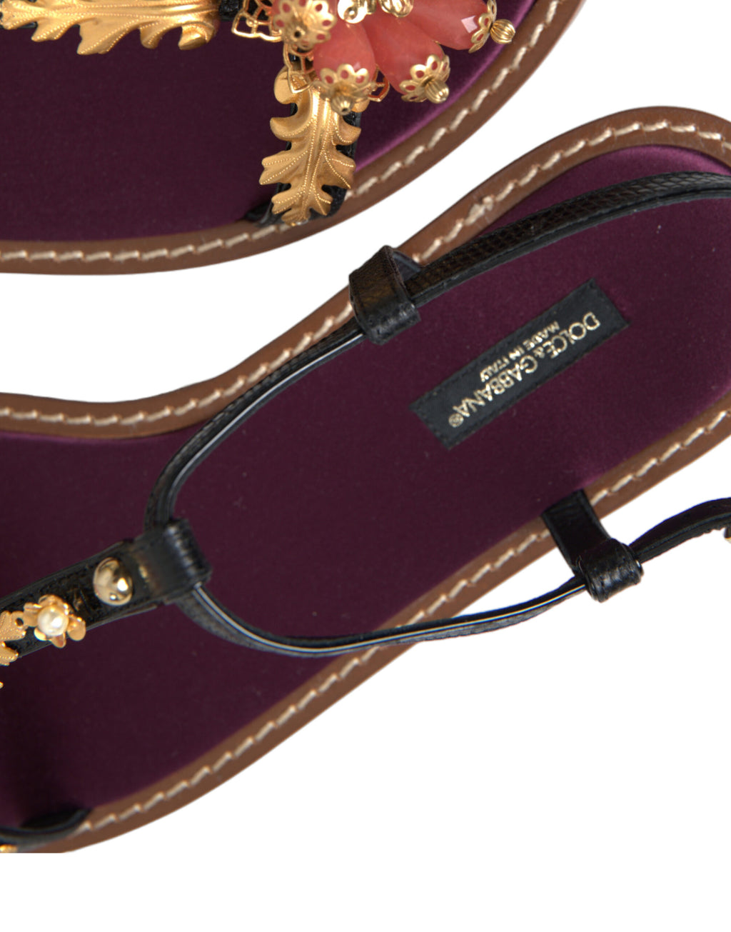 Dolce & Gabbana Black Crystal Gold Sandals Leather Shoes - Eljoys Fashion 