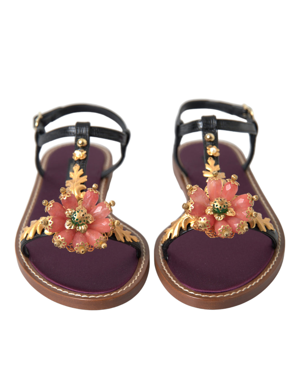 Dolce & Gabbana Black Crystal Gold Sandals Leather Shoes - Eljoys Fashion 