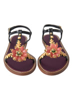 Dolce & Gabbana Black Crystal Gold Sandals Leather Shoes - Eljoys Fashion 