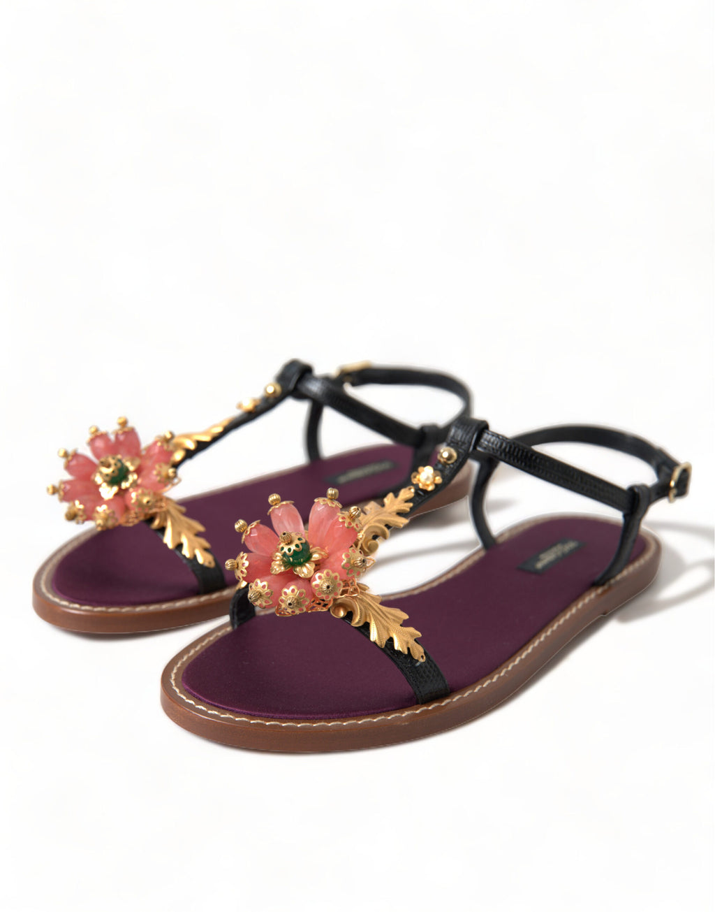 Dolce & Gabbana Black Crystal Gold Sandals Leather Shoes - Eljoys Fashion 