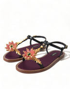 Dolce & Gabbana Black Crystal Gold Sandals Leather Shoes - Eljoys Fashion 