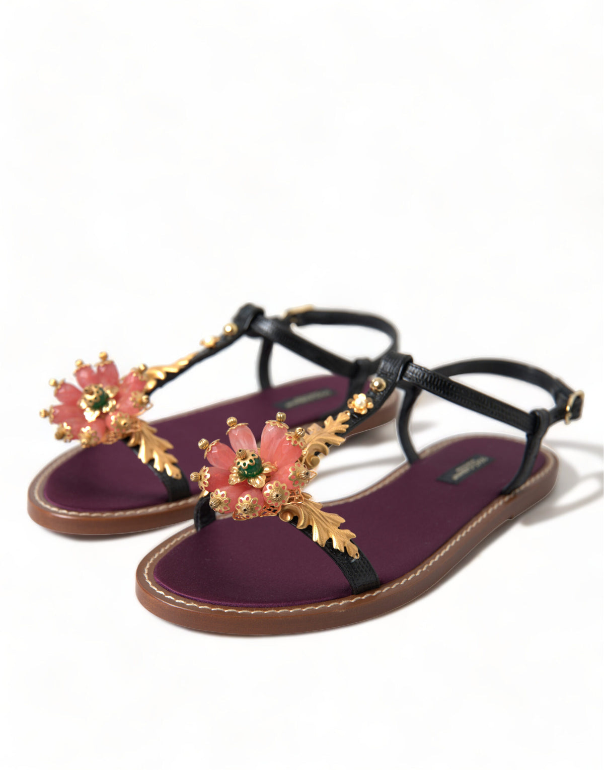 Dolce & Gabbana Black Crystal Gold Sandals Leather Shoes - Eljoys Fashion 
