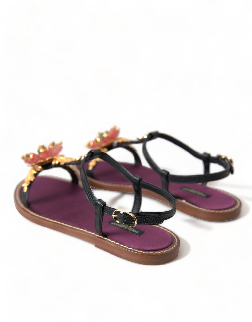 Dolce & Gabbana Black Crystal Gold Sandals Leather Shoes - Eljoys Fashion 