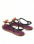 Dolce & Gabbana Black Crystal Gold Sandals Leather Shoes - Eljoys Fashion 