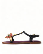 Dolce & Gabbana Black Crystal Gold Sandals Leather Shoes - Eljoys Fashion 