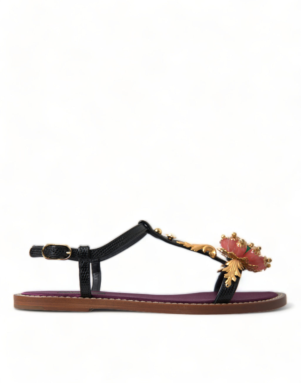 Dolce & Gabbana Black Crystal Gold Sandals Leather Shoes - Eljoys Fashion 