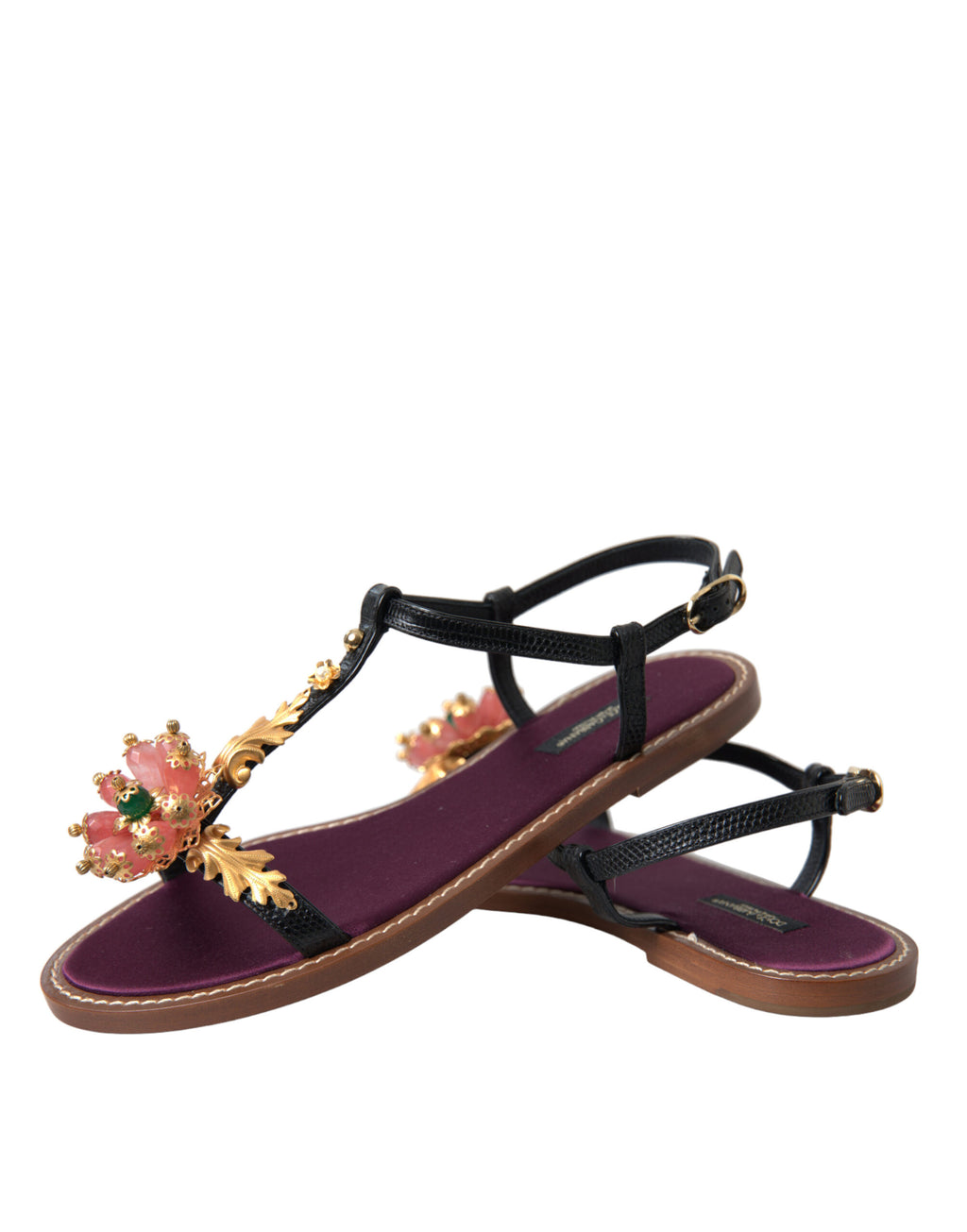 Dolce & Gabbana Black Crystal Gold Sandals Leather Shoes - Eljoys Fashion 