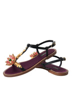 Dolce & Gabbana Black Crystal Gold Sandals Leather Shoes - Eljoys Fashion 
