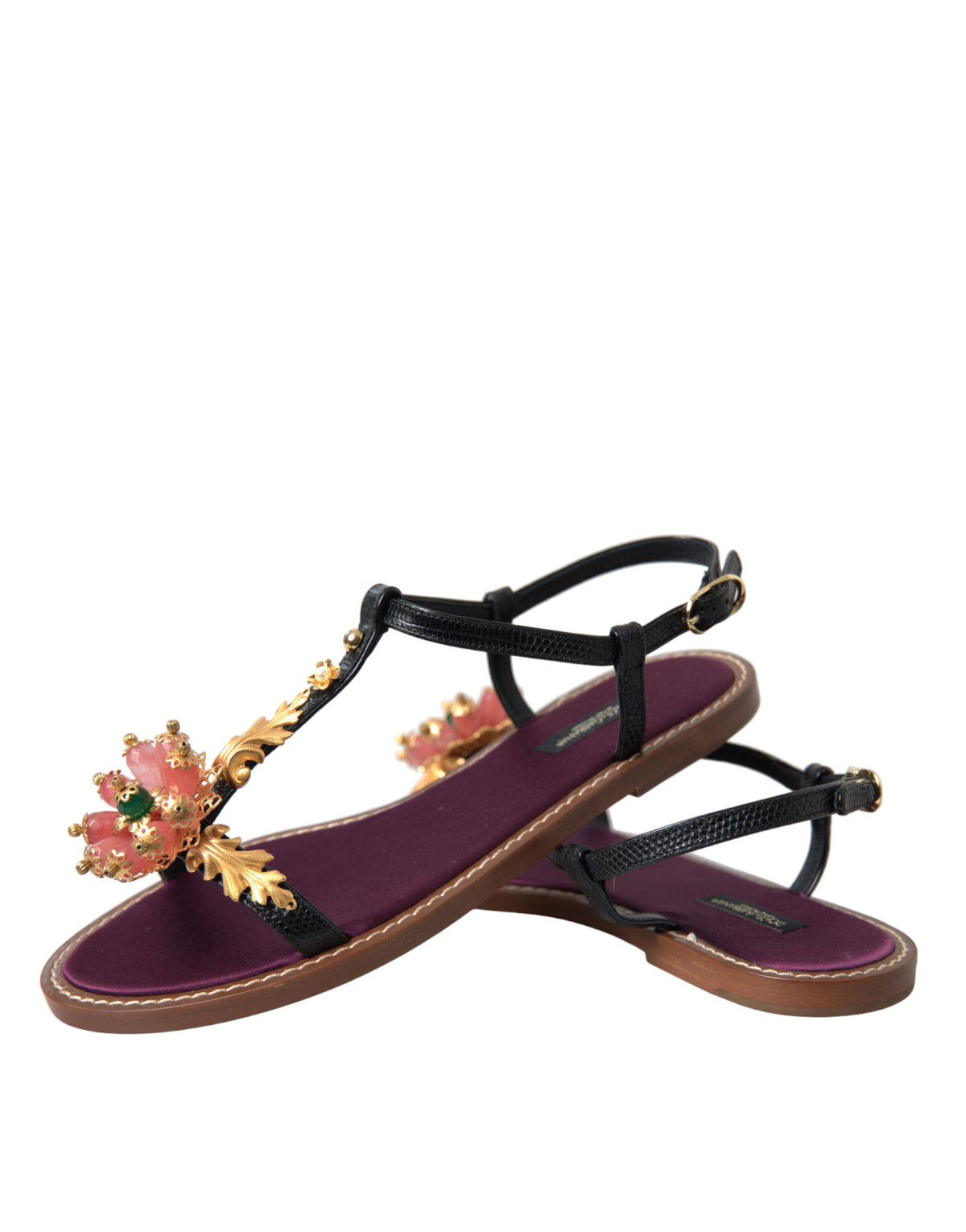Dolce & Gabbana Black Crystal Gold Sandals Leather Shoes - Eljoys Fashion 