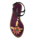 Dolce & Gabbana Black Crystal Gold Sandals Leather Shoes - Eljoys Fashion 