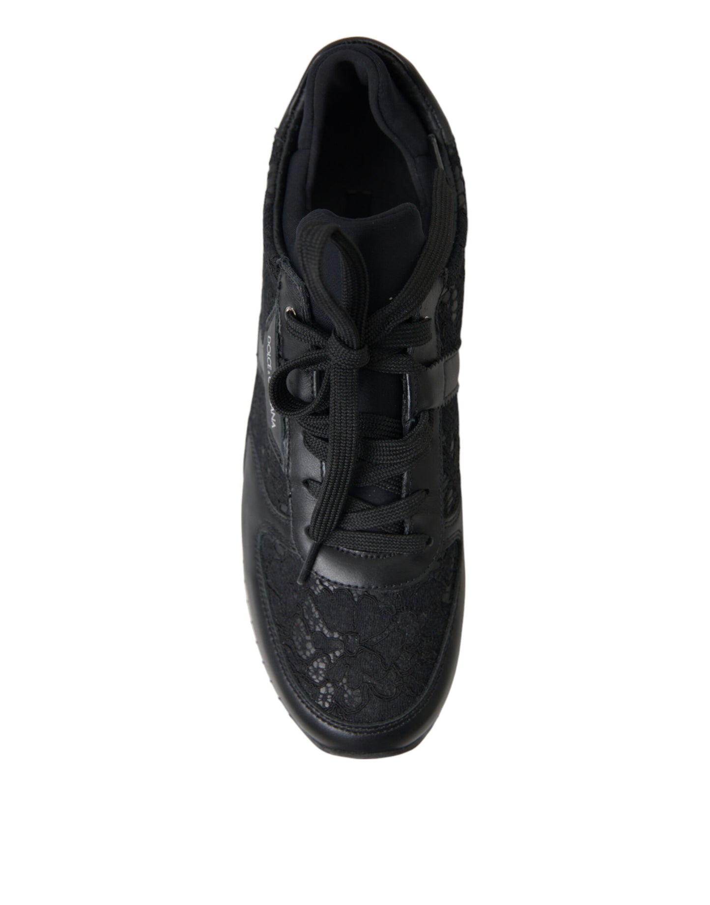Dolce & Gabbana Black Floral Lace Leather Sneakers Shoes Dolce & Gabbana