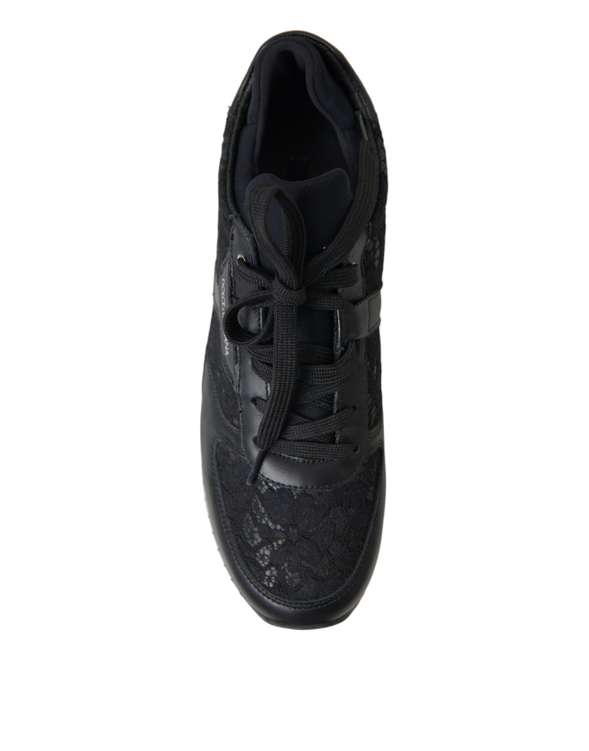Dolce & Gabbana black floral lace leather sneakers with lace-up design and stylish floral pattern.