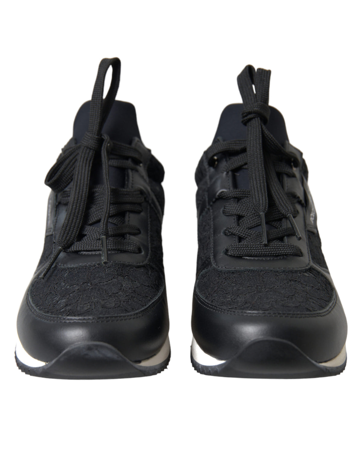 Dolce & Gabbana black floral lace leather sneakers with intricate lace detailing and sleek sneaker design.