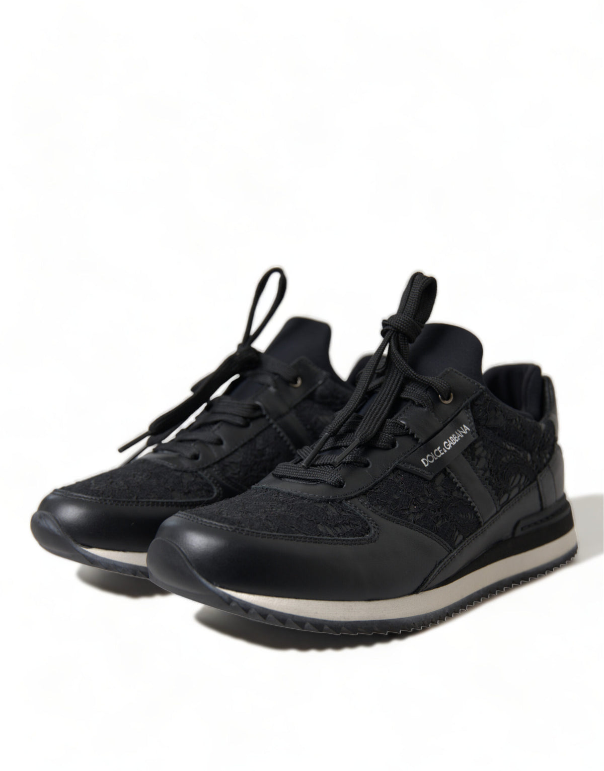Dolce & Gabbana black floral lace leather sneakers with stylish design and lace-up closure.