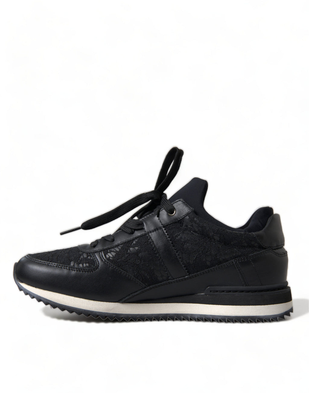 Dolce & Gabbana black floral lace leather sneakers with intricate floral embroidery and sleek sporty design.