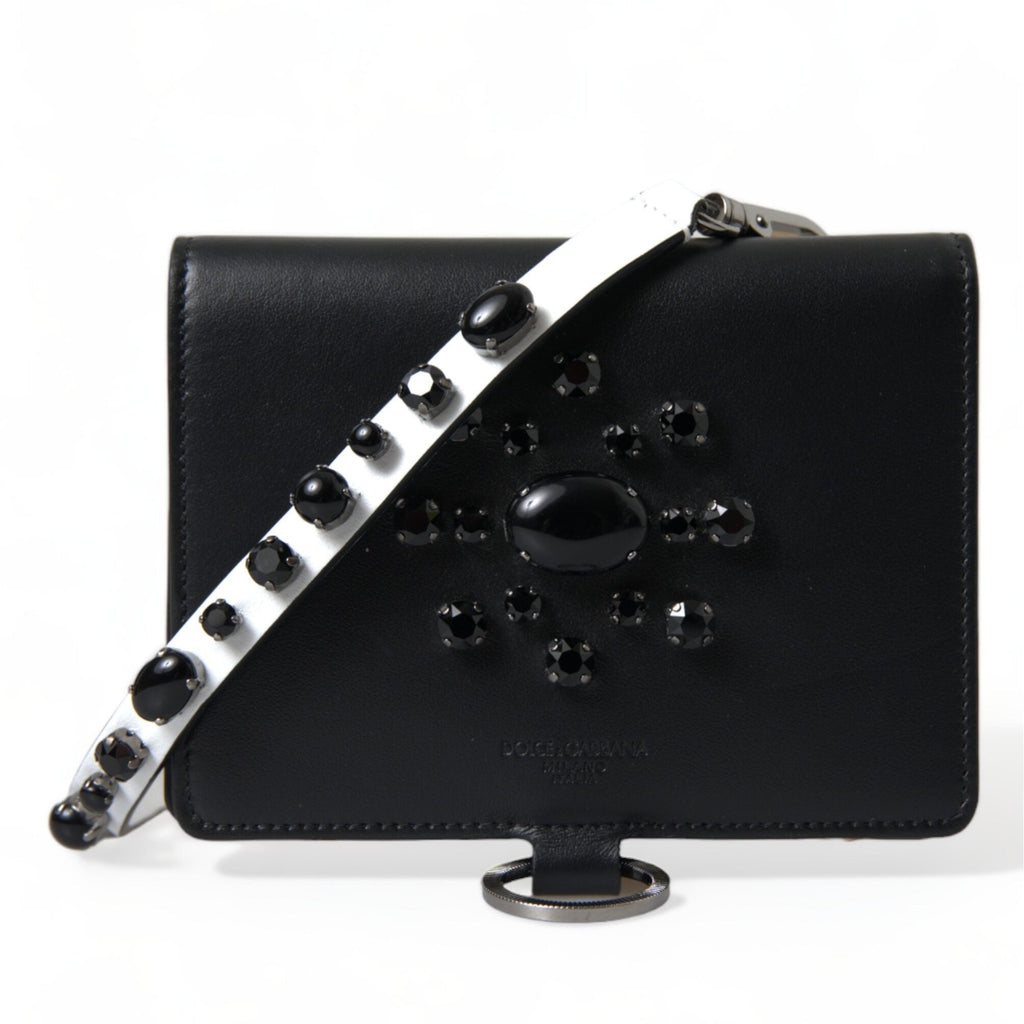 Dolce & Gabbana Black Leather Crystal Embellished Card Holder Wallet