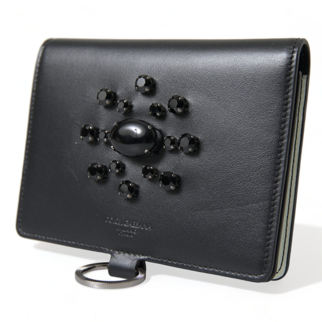 Dolce & Gabbana Black Leather Crystal Embellished Card Holder Wallet