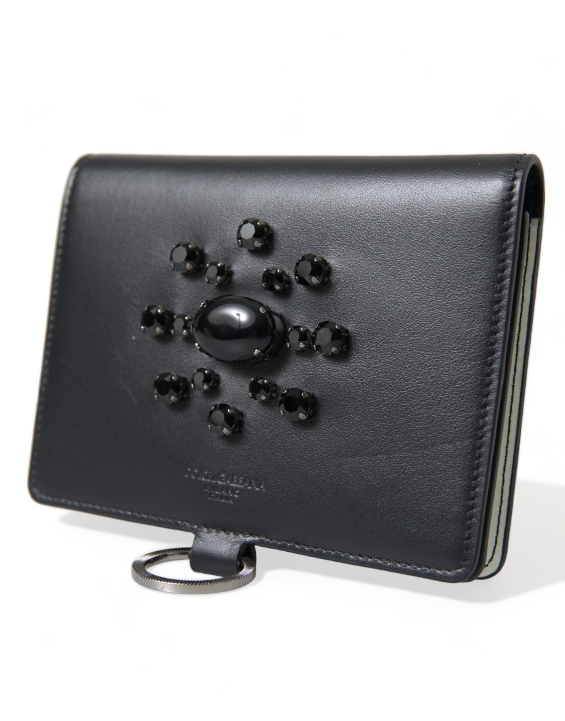 Dolce & Gabbana Black Leather Crystal Embellished Card Holder Wallet Dolce & Gabbana