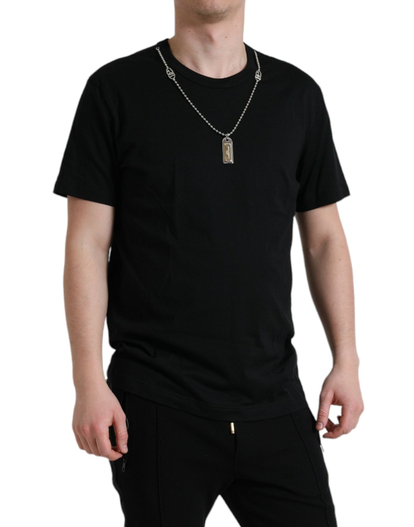 Dolce & Gabbana Black Cotton Dog Tag Round Neck T-shirt Dolce & Gabbana