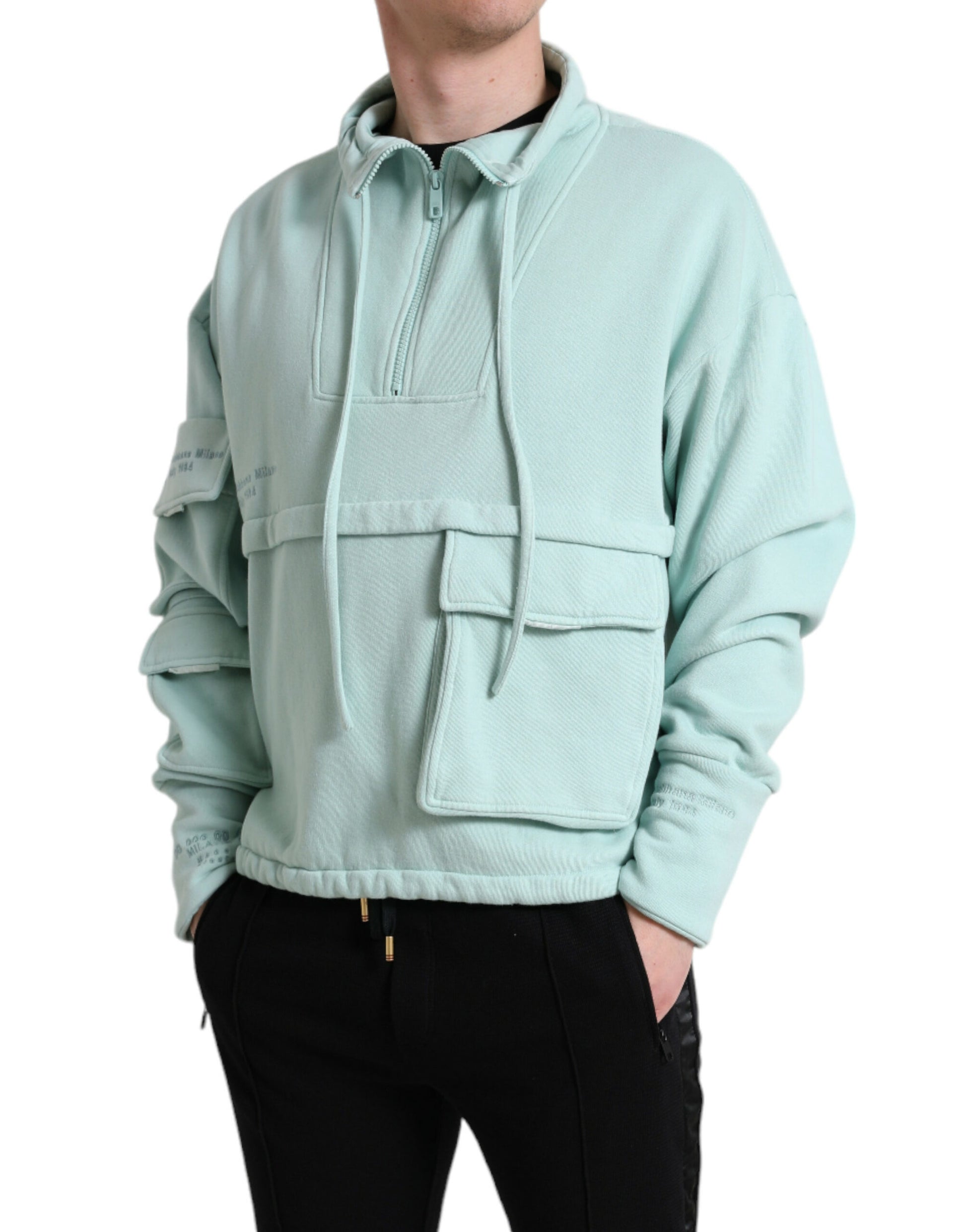 Dolce & Gabbana Mint Green Cotton Pockets Pullover Sweater Dolce & Gabbana