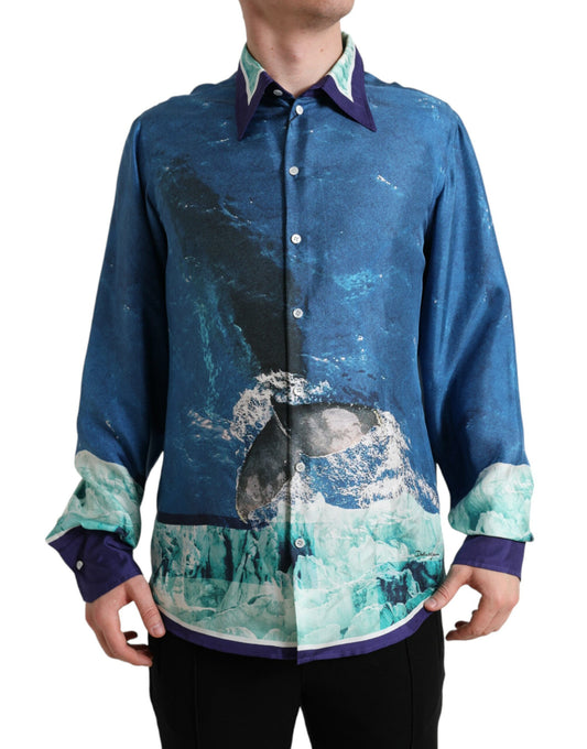 Dolce & Gabbana Blue Ocean Print Silk Collared Button Down Shirt Dolce & Gabbana