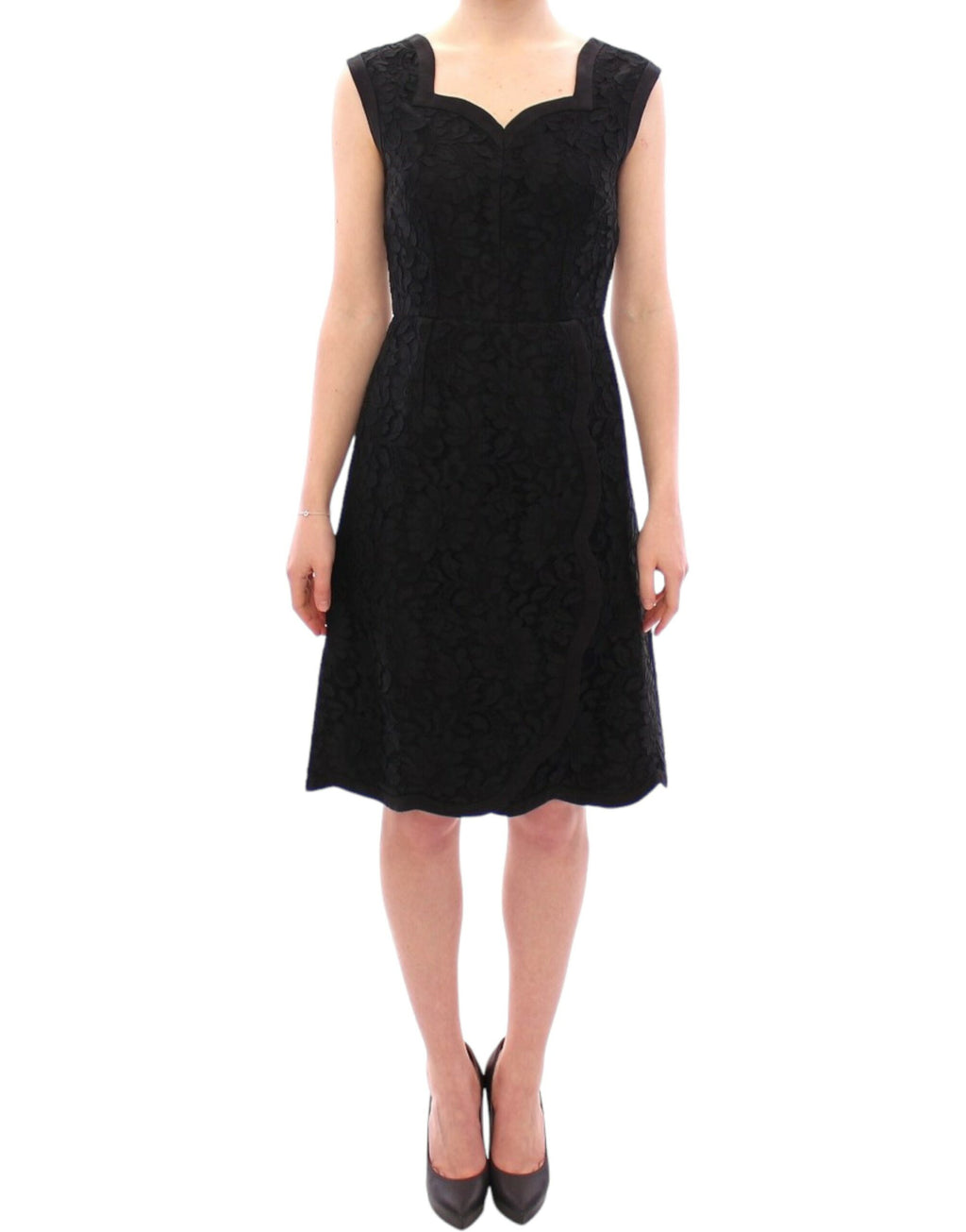 Dolce & Gabbana black floral lace Sicily runway dress with intricate lace details and elegant silhouette.