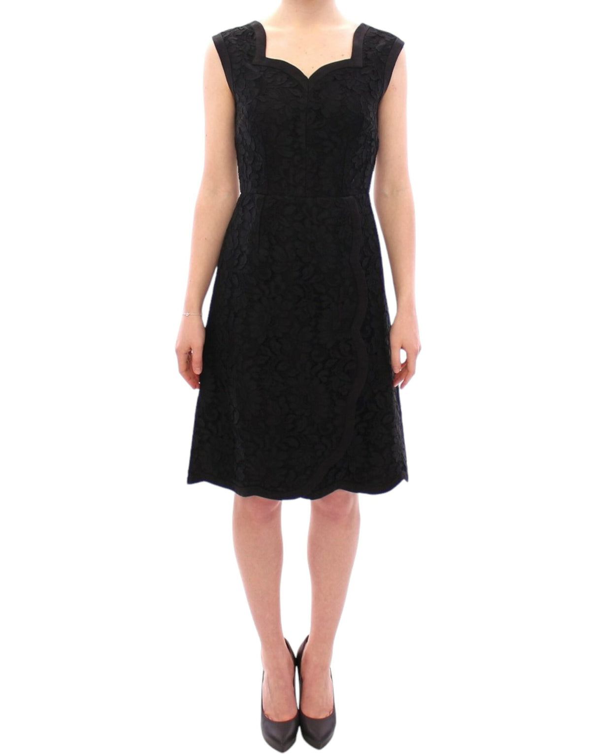 Dolce & Gabbana black floral lace Sicily runway dress with intricate lace details and elegant silhouette.