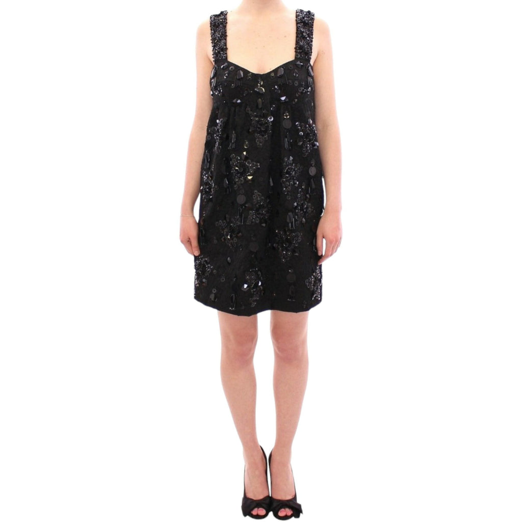 Dolce & Gabbana black floral dress with crystal embellishments, showcasing elegant design and intricate detailing.