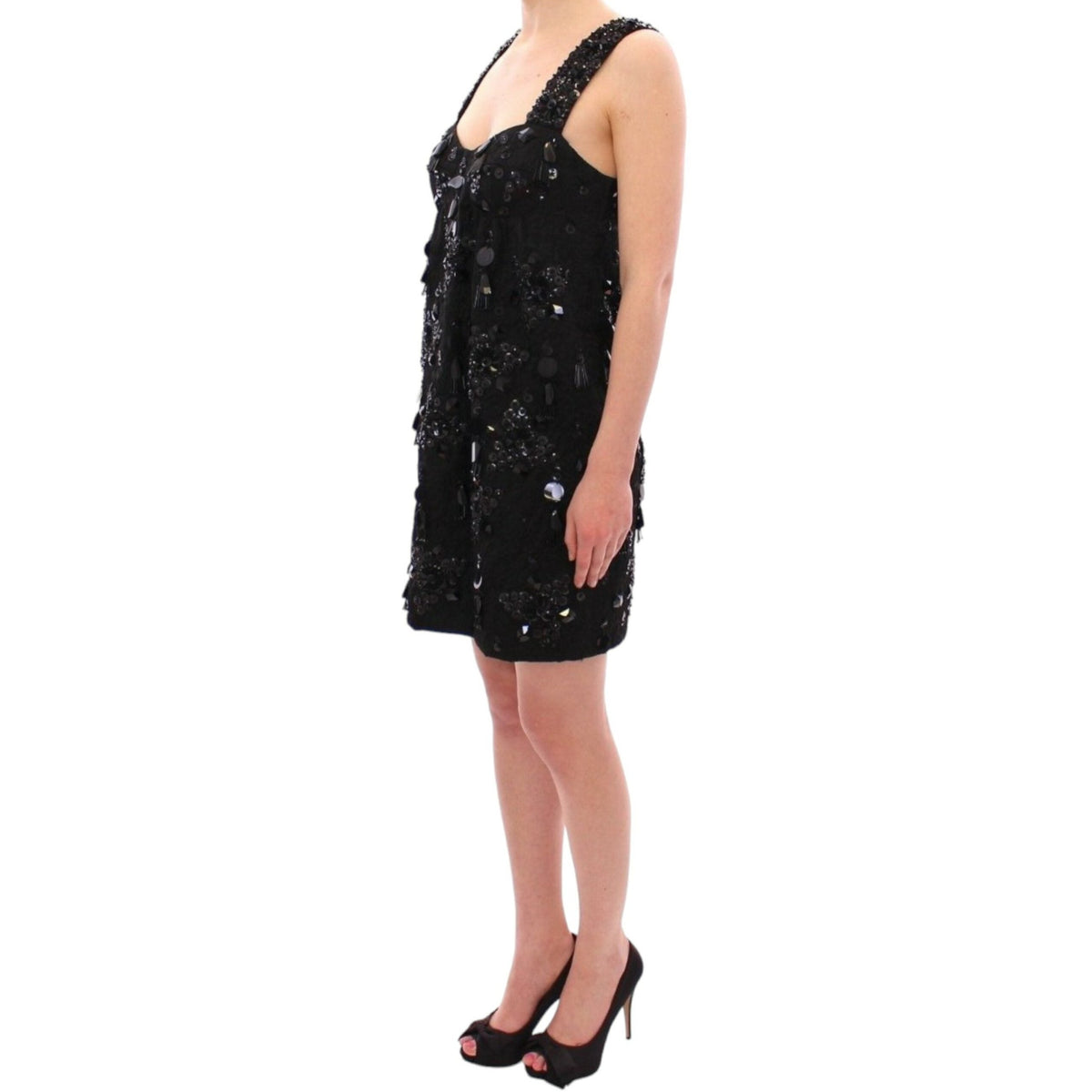 Black floral crystal-embellished Dolce & Gabbana dress with intricate detailing and elegant design, suited for formal occasions.