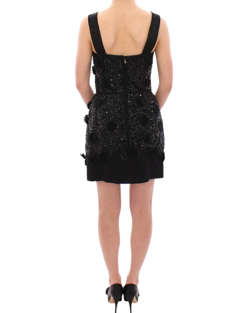 Dolce & Gabbana black floral dress with crystal embellishments, featuring a fitted silhouette and elegant design.