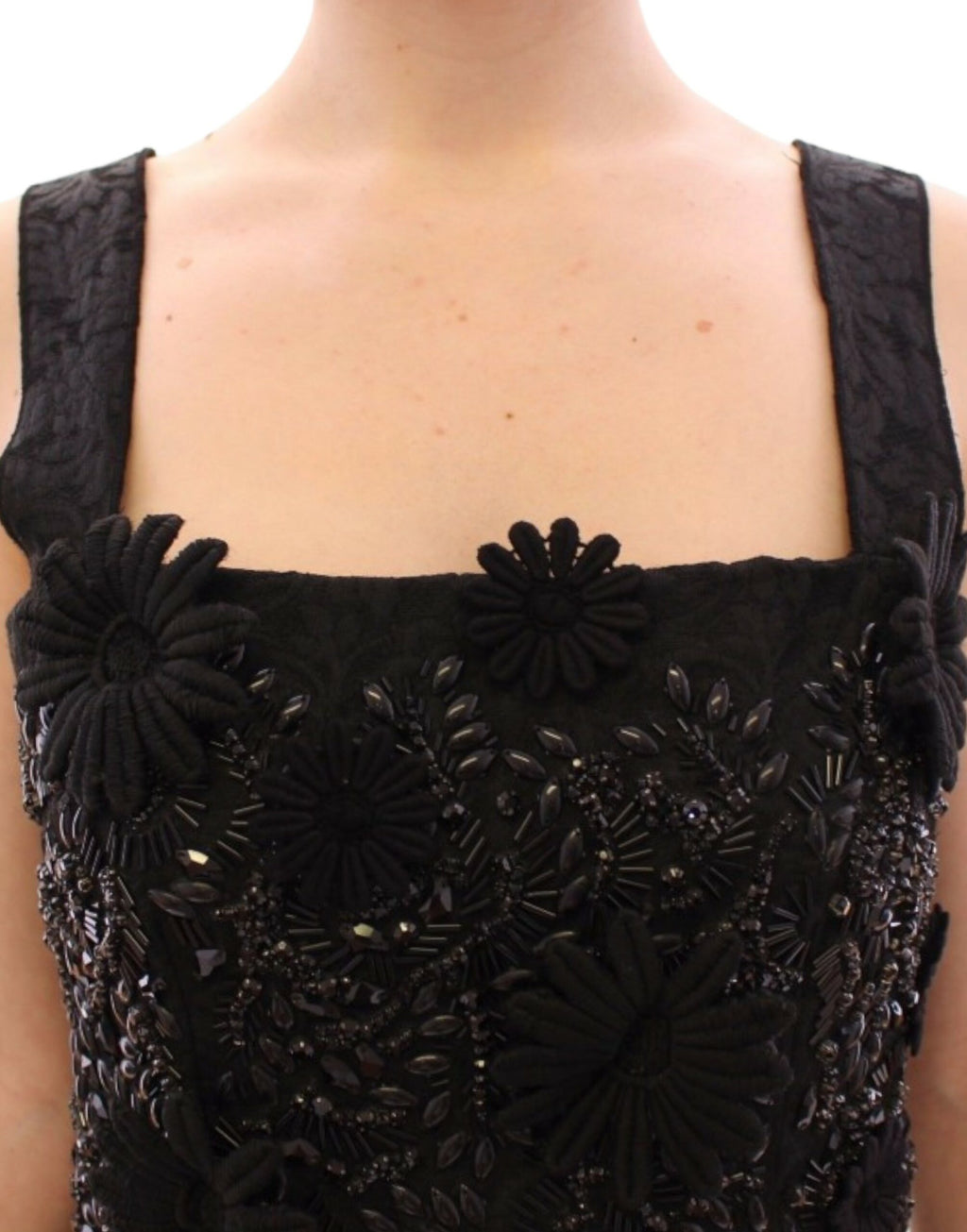 Dolce & Gabbana black floral crystal-embellished dress with intricate detailing and elegant silhouette.