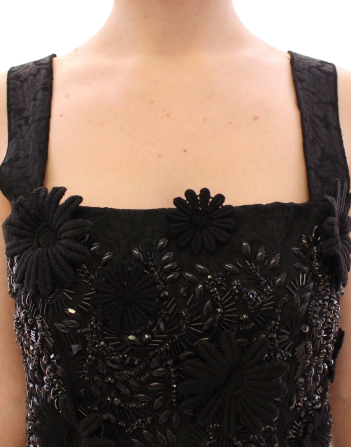Dolce & Gabbana black floral crystal-embellished dress with intricate detailing and elegant silhouette.