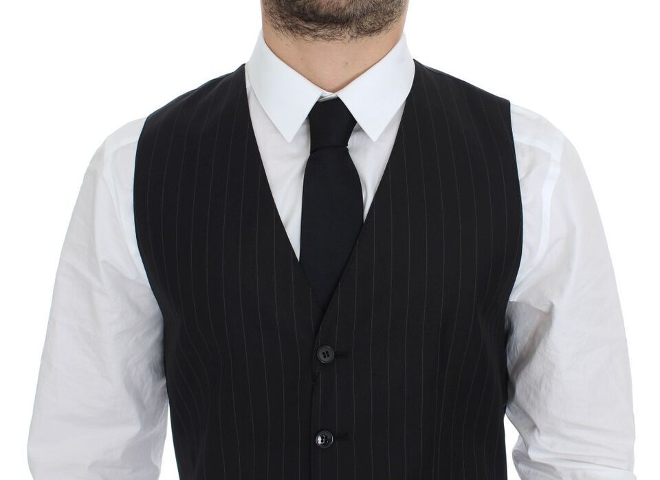 Dolce & Gabbana Black Striped Wool Silk Dress Vest Gilet Dolce & Gabbana