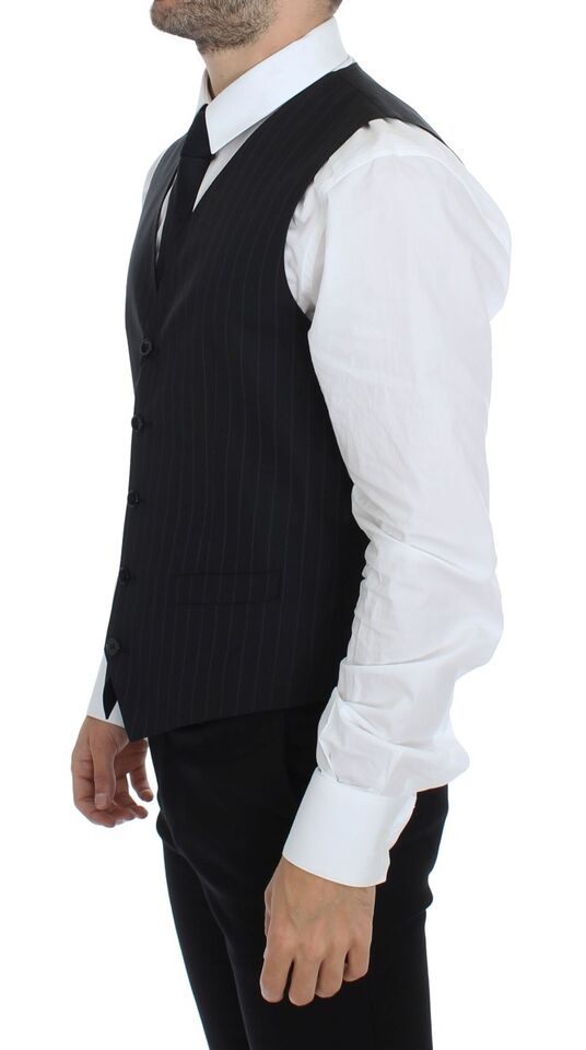 Dolce & Gabbana Black Striped Wool Silk Dress Vest Gilet Dolce & Gabbana