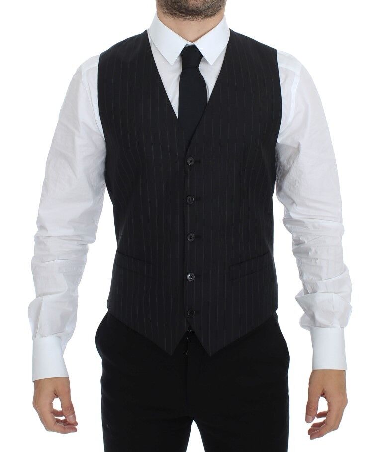Dolce & Gabbana Black Striped Wool Silk Dress Vest Gilet Dolce & Gabbana