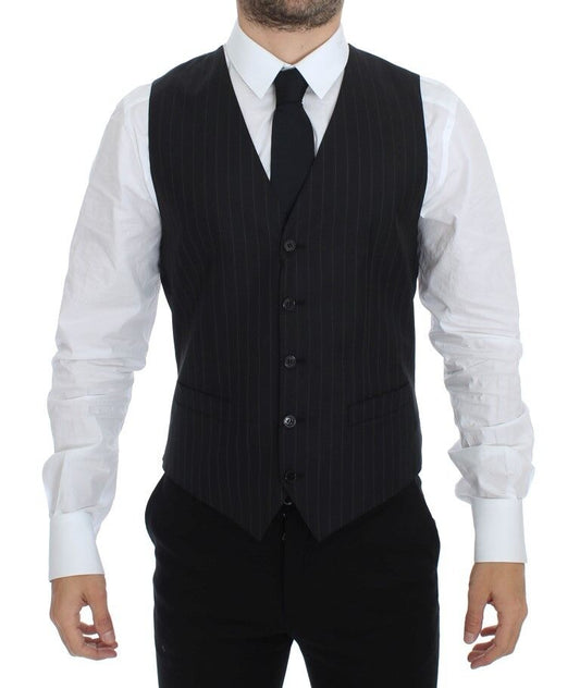 Dolce & Gabbana Black Striped Wool Silk Dress Vest Gilet Dolce & Gabbana