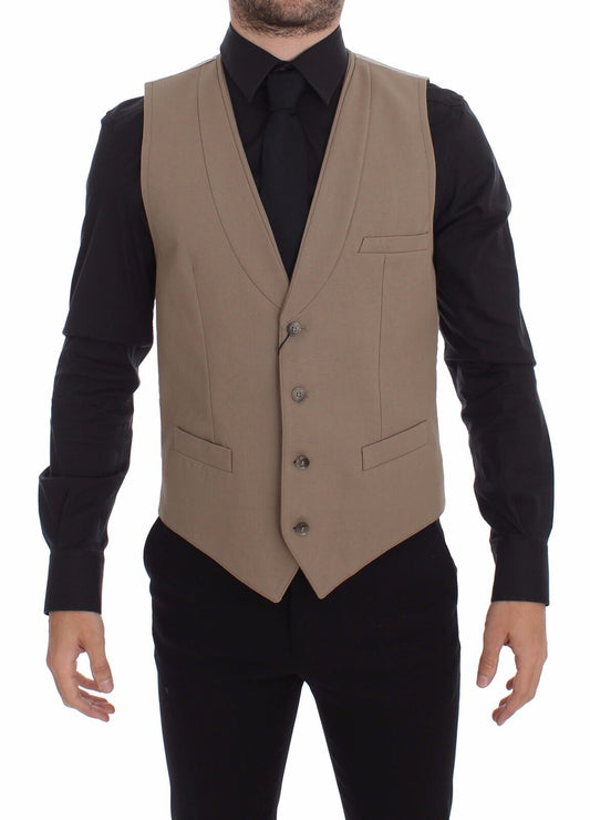 Dolce & Gabbana Beige Cotton Slim Fit Button Front Dress Vest Dolce & Gabbana