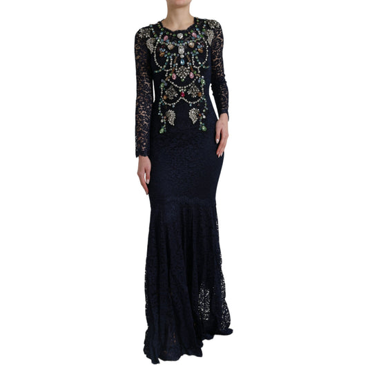 Dolce & Gabbana Blue Crystal Floral Lace Long Gown Dress Dolce & Gabbana